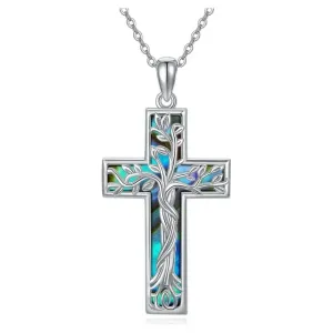 Coachuhhar Cross Necklace 925 Sterling Silver Tree of Life Necklace with Abalone Shell Pendant Necklace Cross Jewelry Gifts for Women men Girls